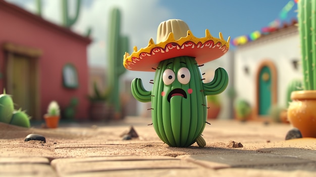 Renderización en 3D de una caricatura de cactus con una cara amistosa