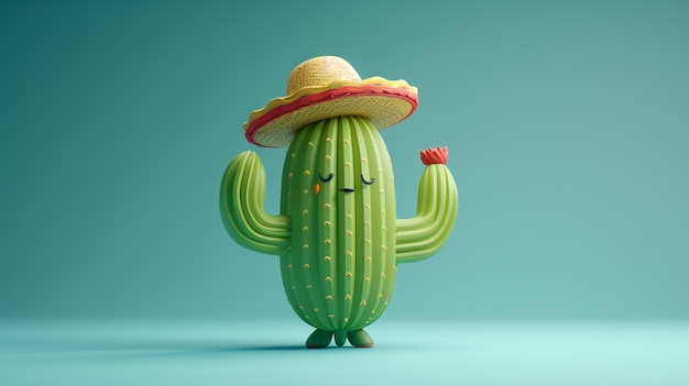 Renderización en 3D de una caricatura de cactus con una cara amistosa