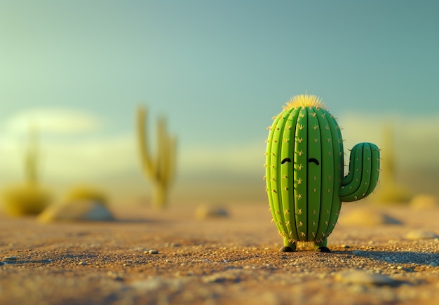 Renderización en 3D de una caricatura de cactus con una cara amistosa