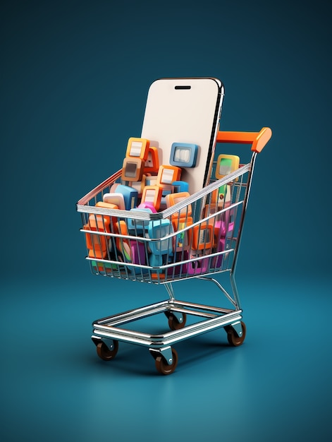 Renderización 3D del carrito de compras de dibujos animados