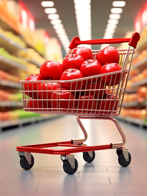 Renderización 3D del carrito de compras de dibujos animados