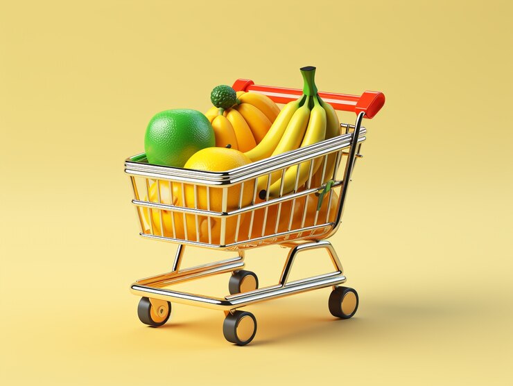 Renderización 3D del carrito de compras de dibujos animados