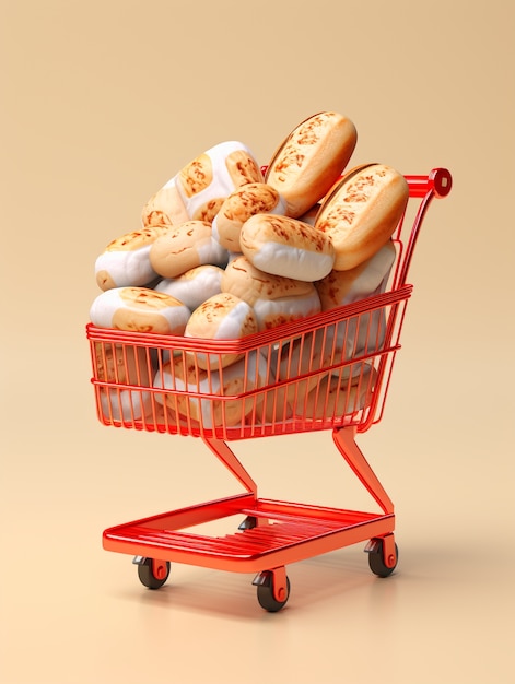 Renderización 3D del carrito de compras de dibujos animados
