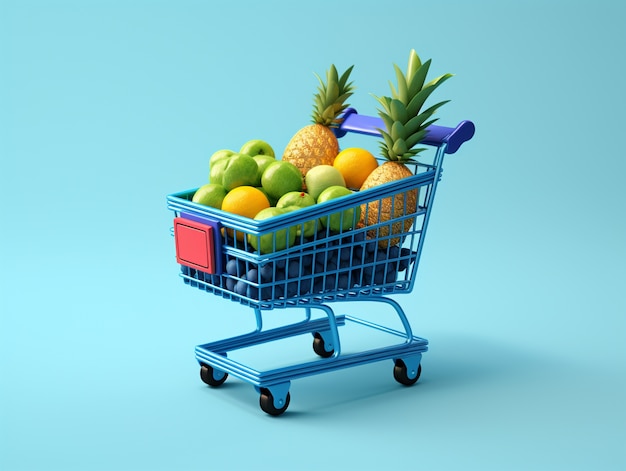 Renderización 3D del carrito de compras de dibujos animados