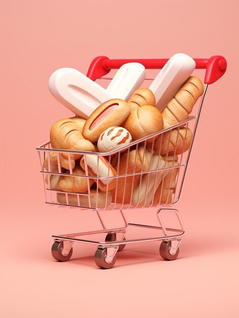 Renderización 3D del carrito de compras de dibujos animados