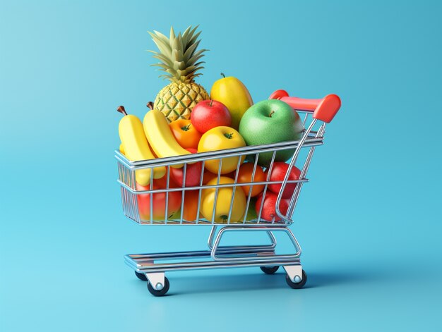 Renderización 3D del carrito de compras de dibujos animados