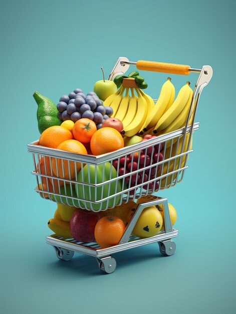 Renderización 3D del carrito de compras de dibujos animados