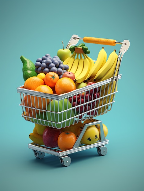 Renderización 3D del carrito de compras de dibujos animados