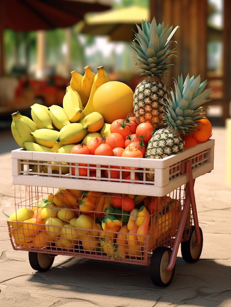 Renderización 3D del carrito de compras de dibujos animados