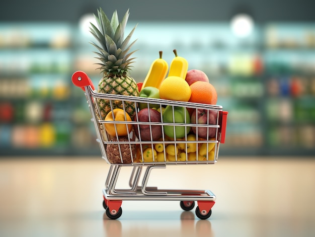 Renderización 3D del carrito de compras de dibujos animados
