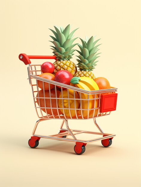 Renderización 3D del carrito de compras de dibujos animados