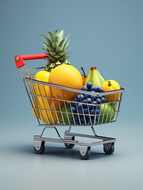 Renderización 3D del carrito de compras de dibujos animados