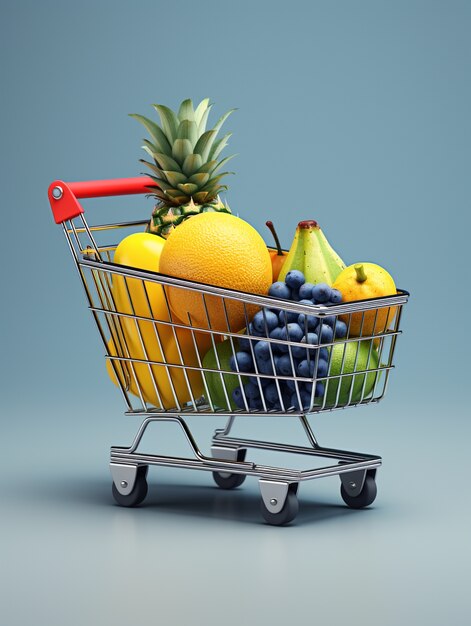 Renderización 3D del carrito de compras de dibujos animados