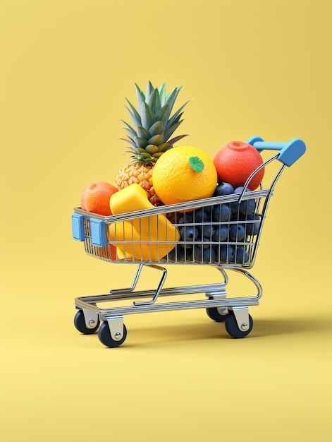 Renderización 3D del carrito de compras de dibujos animados