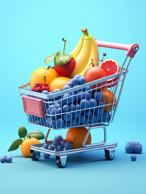 Renderización 3D del carrito de compras de dibujos animados