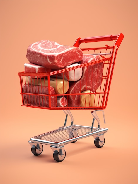 Renderización 3D del carrito de compras de dibujos animados