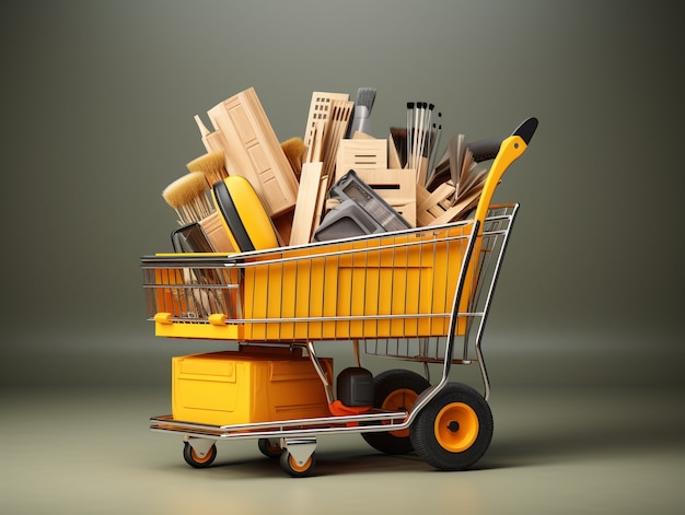 Renderización 3D del carrito de compras de dibujos animados