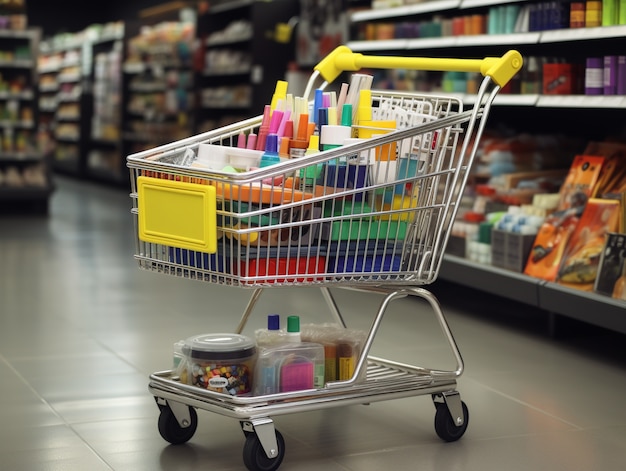 Renderización 3D del carrito de compras de dibujos animados
