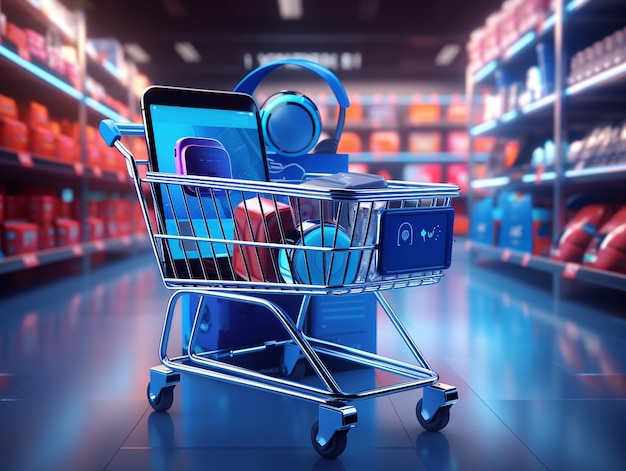 Renderización 3D del carrito de compras de dibujos animados