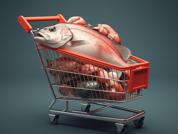 Renderización 3D del carrito de compras de dibujos animados