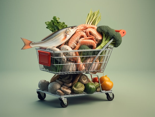 Renderización 3D del carrito de compras de dibujos animados