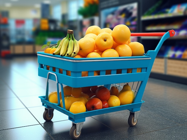 Renderización 3D del carrito de compras de dibujos animados