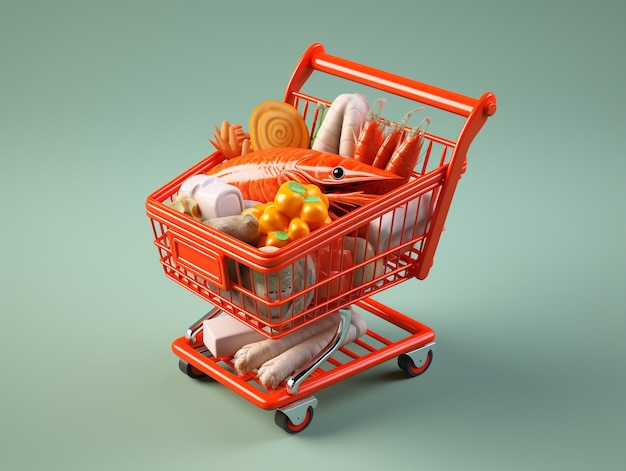 Renderización 3D del carrito de compras de dibujos animados