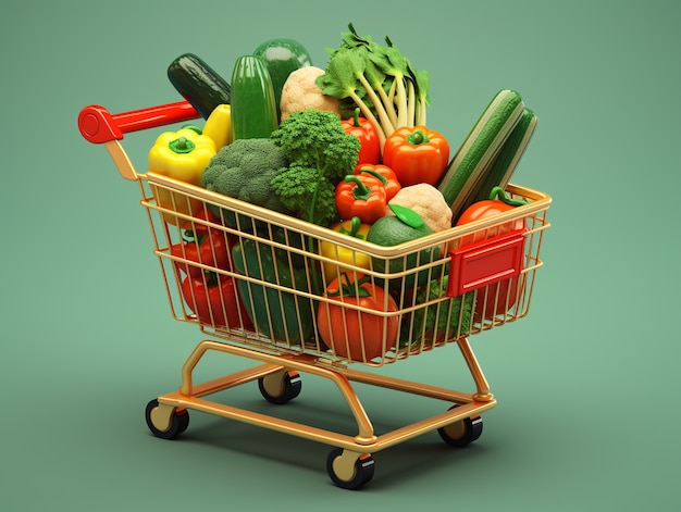Renderización 3D del carrito de compras de dibujos animados