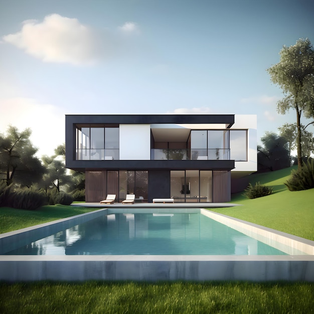 Foto gratuita renderización 3d de una casa acogedora moderna con piscina y estacionamiento para la venta o alquiler