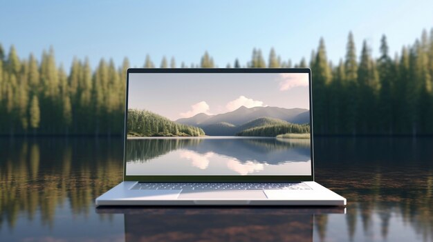 Renderización 3D de una computadora portátil en la naturaleza