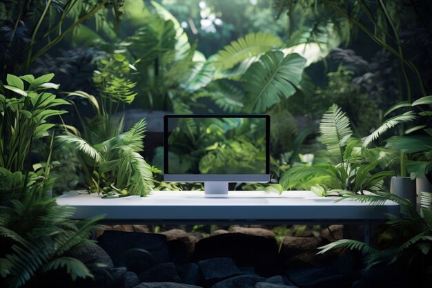Renderización 3D de una computadora portátil en la naturaleza