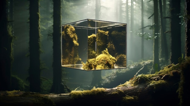 Renderización 3D de un cubo abstracto flotando en la naturaleza