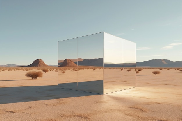 Foto gratuita renderización 3d del cubo de espejo en el desierto