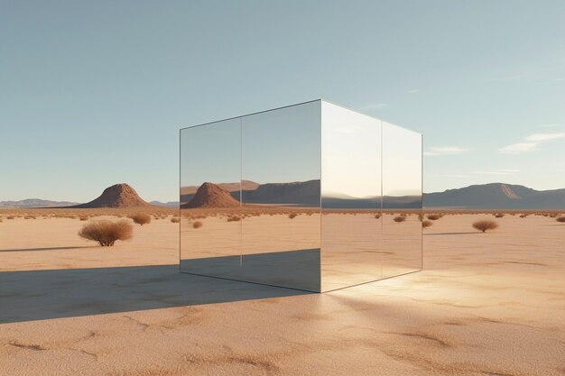 Renderización 3D del cubo de espejo en el desierto