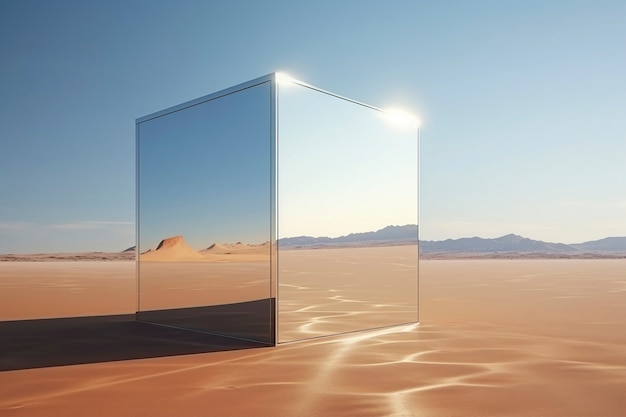 Foto gratuita renderización 3d del cubo de espejo en el desierto