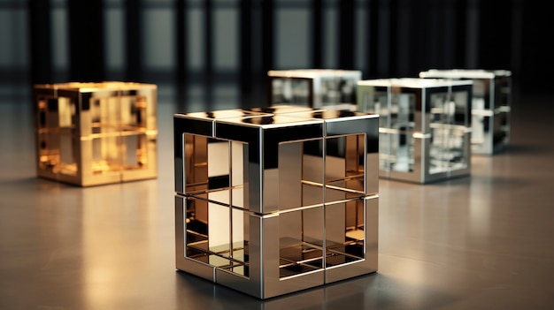 Renderización en 3D de cubos metálicos