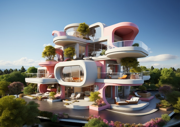 Foto gratuito renderización en 3d de un edificio abstracto
