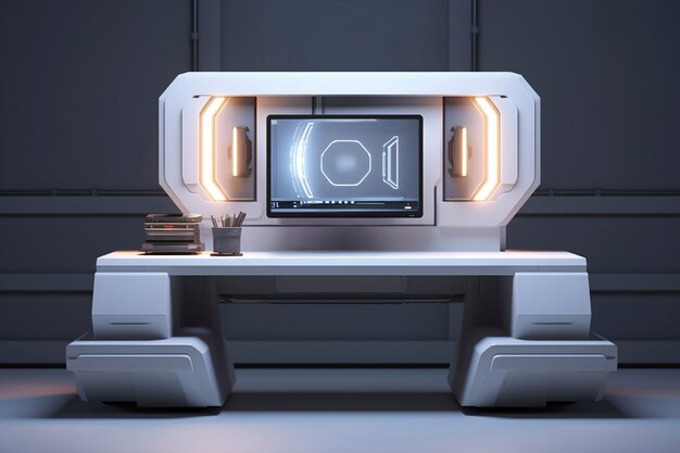 Renderización en 3D de un escritorio de computadora futurista