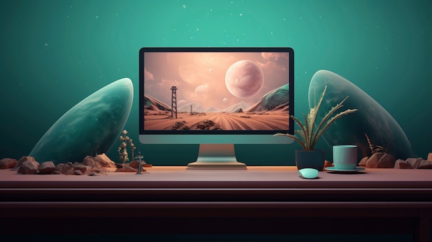 Renderización en 3D del escritorio de la computadora