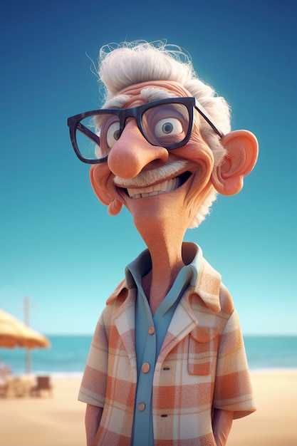 Renderización en 3D del hombre de dibujos animados en la playa