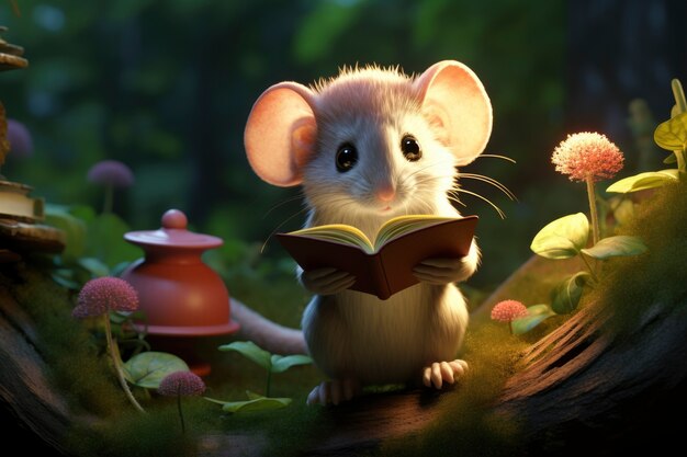 Renderización 3D del libro de lectura de animales del bosque.