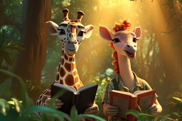 Foto gratuita renderización 3d del libro de lectura de animales del bosque.