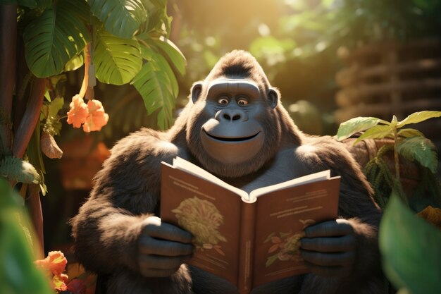 Foto gratuita renderización 3d del libro de lectura de animales del bosque.