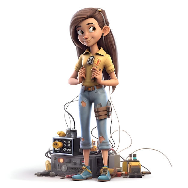 Renderización 3D de una linda chica de dibujos animados con herramientas de electricista