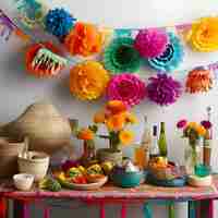 Foto gratuita renderización 3d de una mesa de fiesta mexicana con flores coloridas y comida