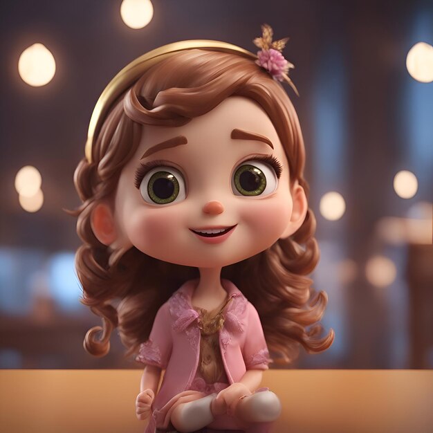 Renderización 3D de una muñeca niña linda en una cafetería