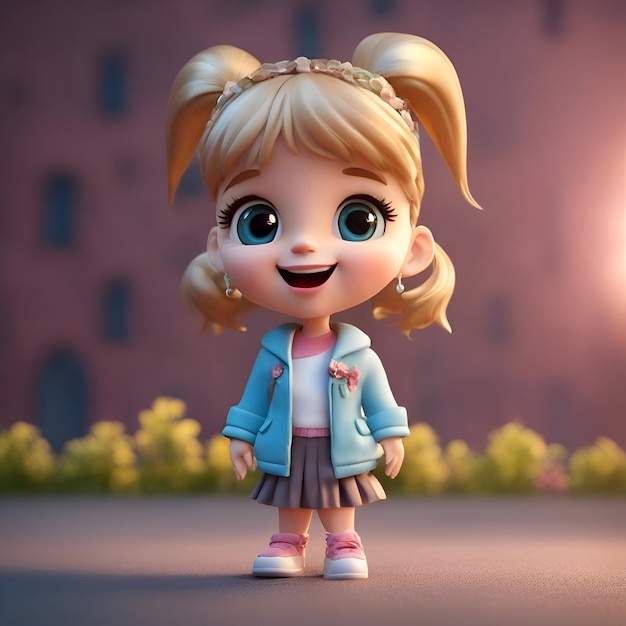 Renderización 3D de una niña linda en una calle de la ciudad