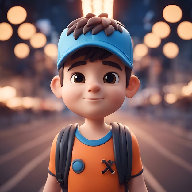 Foto gratuita renderización en 3d de un niño con una gorra y una mochila en la calle