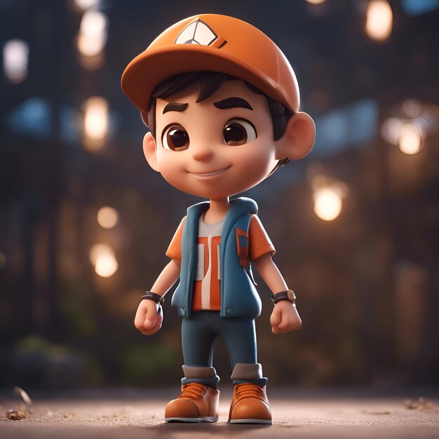 Renderización en 3D de un niño pequeño con un casco de construcción y un mono