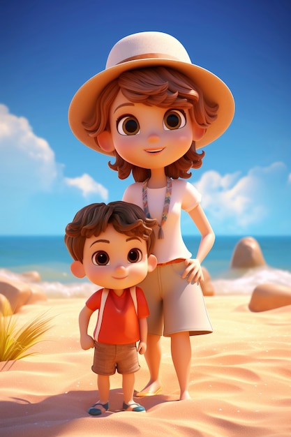 Foto gratuita renderización en 3d de un niño con sus padres en la playa